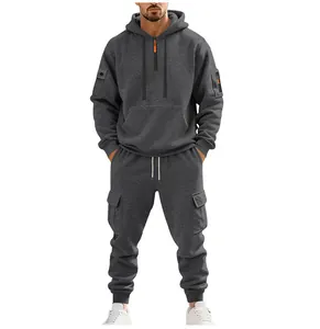 Full body view of men's dark grey heavy-weight fleece hoodie and cargo pants workwear set.