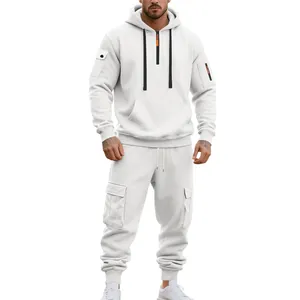 Mens white heavyweight fleece hoodie and cargo joggers casual tracksuit set for winter