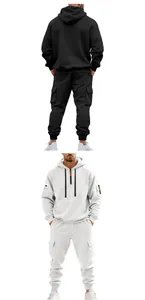Front and back view of men's heavy fleece hooded cargo tracksuit in black and white