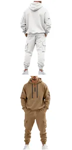 Detail view of men's heavyweight hoodie and cargo sweatpants set in white and khaki.
