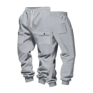 Men's heavyweight warm grey cargo sweatpants with drawstring and multiple pockets