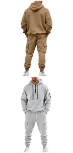 Front and back views of men's heavy-weight workwear hoodie and cargo jogger tracksuit set
