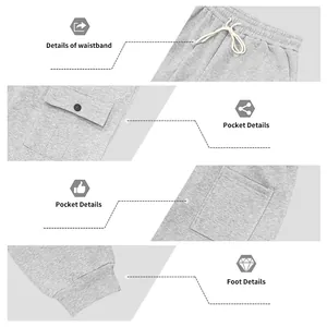 Close-up views of grey fleece cargo sweatpants showing waistband and pocket details