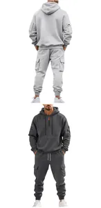 Men's heavyweight fleece cargo hoodie and joggers tracksuit set in grey and charcoal colors