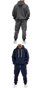 Detail view of men's heavy fleece cargo hoodie and sweatpants set in navy and grey