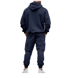 Detailed back view of a men's navy blue heavy fleece cargo hoodie and joggers set