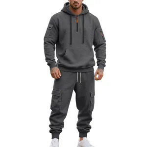 Detailed view of grey heavyweight fleece-lined hoodie and cargo joggers tracksuit set