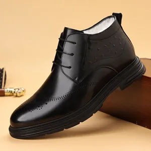 Classic Men High-top Business Leather Shoes Winter Warm Fleece Lined Brogue Formal Boots Non-slip Rubber Sole Lace-up Office Cotton Shoes