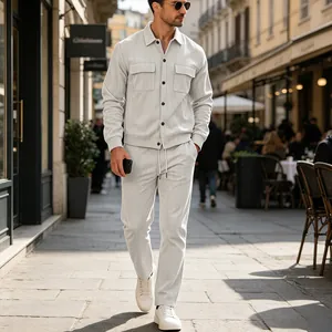 Professional street photography of men's beige corduroy two-piece casual outfit