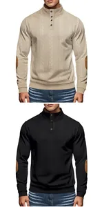 Men's jacquard stand collar Henley sweater with elbow patches in beige and black