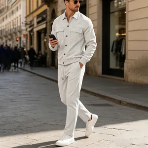 Modern lifestyle detail of men's light gray corduroy jacket and pants two-piece leisure set