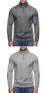 Close-up detail of men's cable knit Henley sweaters with stand collar and elbow patches