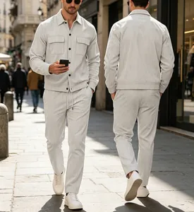Full front and back view of a men's light gray corduroy casual jacket and pants set.