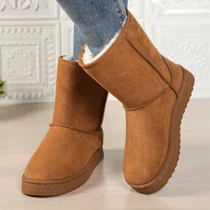 Detailed close-up of brown suede winter snow boots with warm white faux fur lining