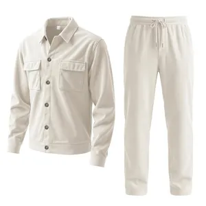 Corduroy texture detail on cream men's casual two-piece shirt and pants set.