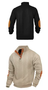 Detailed view of heavy cable-knit men's Henley sweater featuring buttons and elbow patches