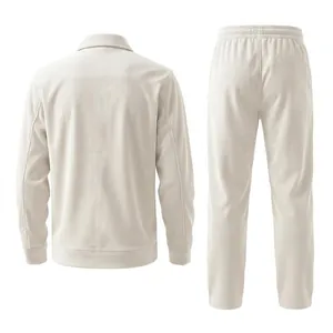 Back view of minimalist men's beige corduroy jacket and long pants two-piece leisure set