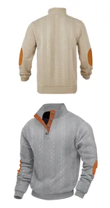 Detailed front and back views of men's heavy jacquard knit Henley sweater with orange elbow patches