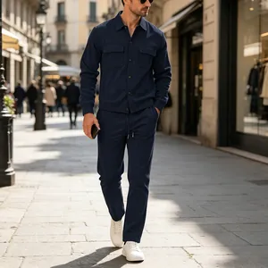 Street style view of men's navy blue corduroy casual workwear set with pockets