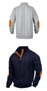 Detailed view of men's heavy cable knit sweater featuring button stand collar and elbow patches