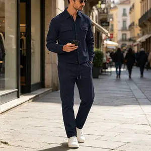 Detailed view of the premium dark blue corduroy fabric on a stylish men's casual suit.