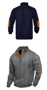 Men's cable-knit sweater with button stand collar and contrast elbow patches