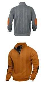 Detailed view of men's cable knit sweater with button collar and elbow patches