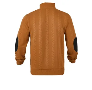 Detailed back view of men's orange heavy jacquard sweater with black elbow patches