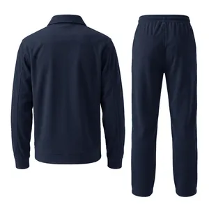 Rear view showing texture of navy blue corduroy men's casual jacket and pants outfit