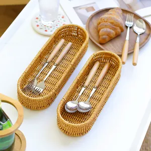 Oval imitation rattan cutlery storage basket for kitchen forks and spoons