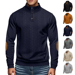 Men Jacquard Henley Sweatshirt Vintage Elbow Patch Stand Collar Long Sleeve Casual Top Polyester Spandex Pullover