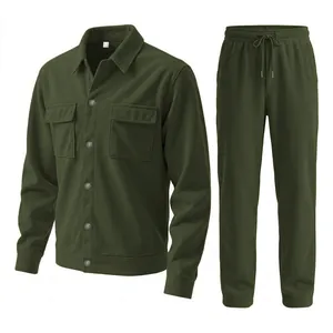 Men's olive green corduroy casual two-piece outfit with cargo jacket and matching pants