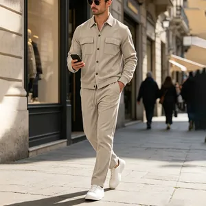 Men's beige corduroy two-piece casual set featuring a multi-pocket jacket and matching pants