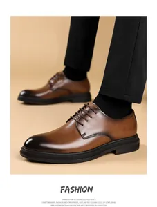 Side view of elegant brown burnished leather men's derby shoes for business casual wear