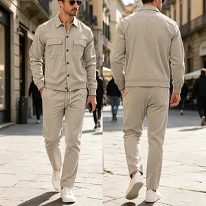 Front and back view of men's beige corduroy two-piece leisure cargo shirt and pants set