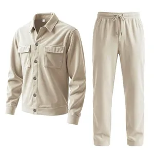 Men's khaki corduroy two-piece set featuring a multi-pocket shirt and matching trousers.