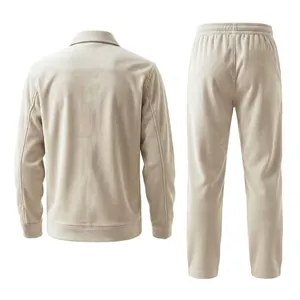 Detailed back view of men's casual beige corduroy jacket and trousers two-piece set