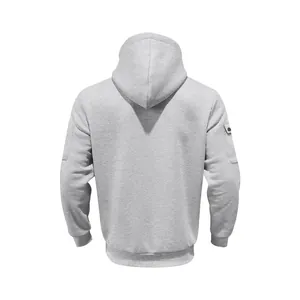 Achteraanzicht van een premium grijze fleece hoodie voor heren van zware stof