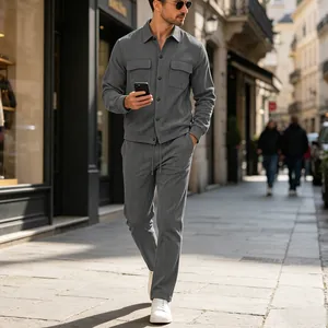 Men's grey corduroy casual set featuring a multi-pocket jacket and matching trousers.