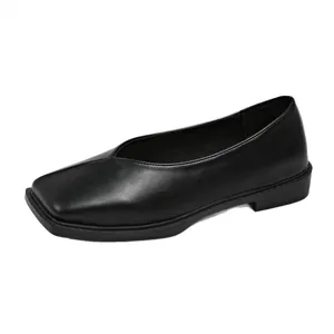 Mocassins élégants en cuir noir pour femmes, bout carré style britannique pour le bureau