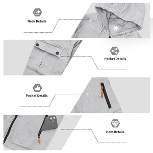 Gedetailleerde weergave van kenmerken en zakken van de grijze zware fleece hoodie met rits