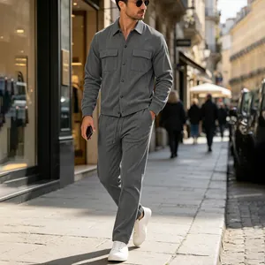 Modern men's grey corduroy two-piece set in a casual cargo style street look