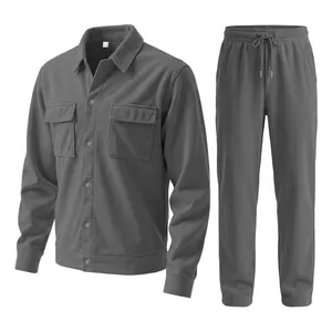 Gray men's corduroy two-piece set with multi-pocket jacket and drawstring pants