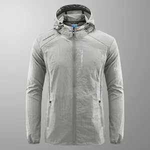 Men's summer hooded sun protection jacket in light gray lightweight breathable skin fabric