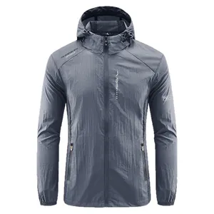 Lightweight men's hooded sun protection jacket in dark gray outdoor trekking style