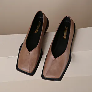 Elegant women's brown leather square toe loafers with thick black sole for casual wear