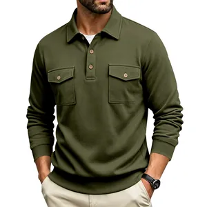Heavyweight olive green long sleeve Polo shirt with tactical chest pockets and lapel collar.