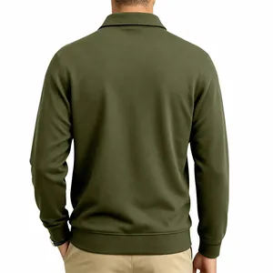 Back view of a heavy-duty olive green long-sleeve Polo shirt showing texture and fit.