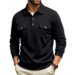 Close-up detail of men's heavy workwear black long sleeve polo shirt with double pockets