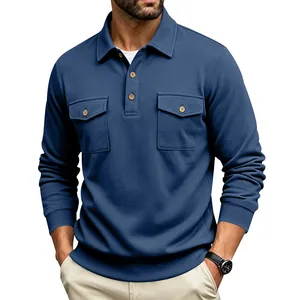 Detailed shot of a blue heavy utility long-sleeved polo shirt with double pockets.